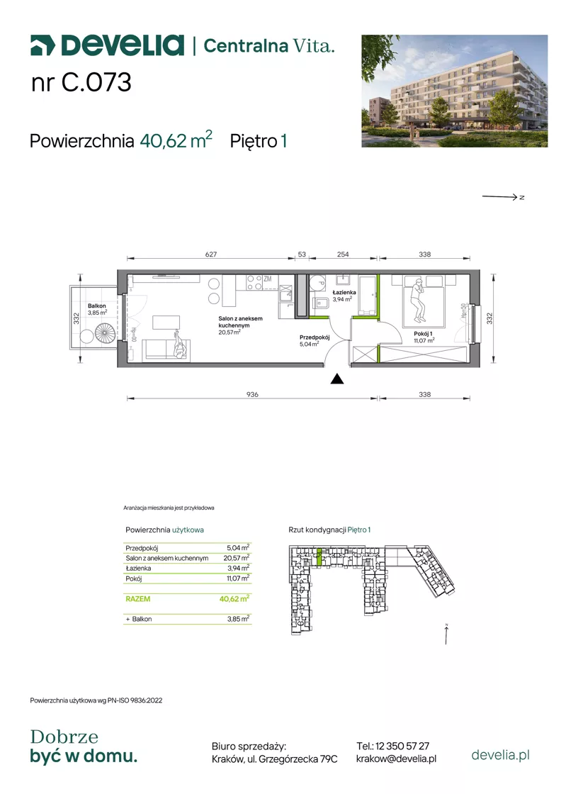 2 pokoje, mieszkanie 40,62 m², piętro 1, oferta nr C.073, Centralna Vita etap IV, Kraków, Czyżyny, ul. Ciesielskiego