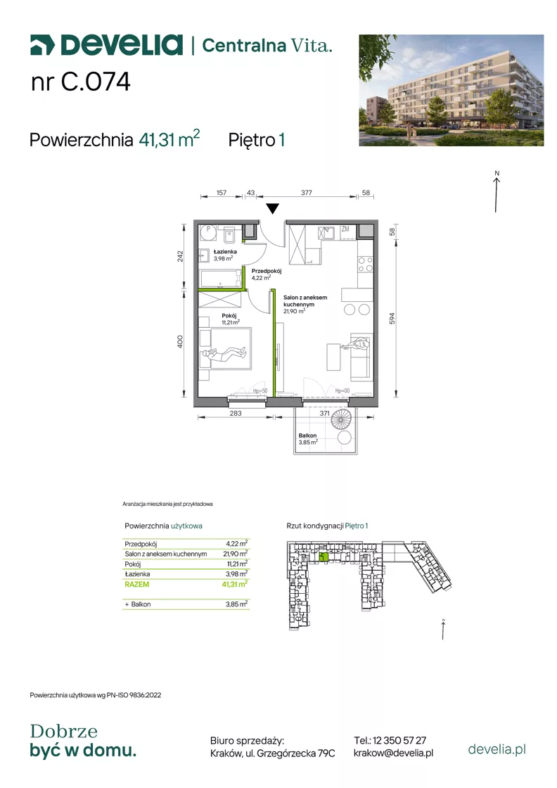 2 pokoje, mieszkanie 41,31 m², piętro 1, oferta nr C.074, Centralna Vita etap IV, Kraków, Czyżyny, ul. Ciesielskiego