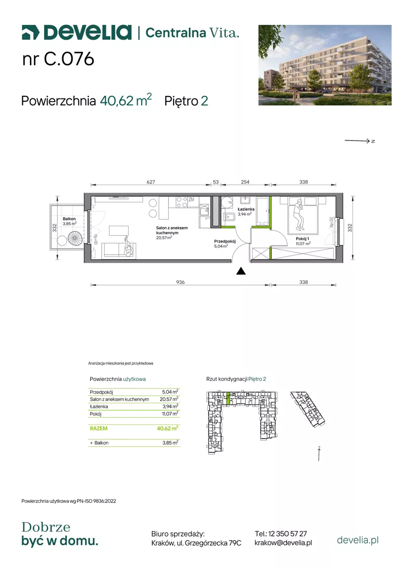2 pokoje, mieszkanie 40,62 m², piętro 2, oferta nr C.076, Centralna Vita etap IV, Kraków, Czyżyny, ul. Ciesielskiego