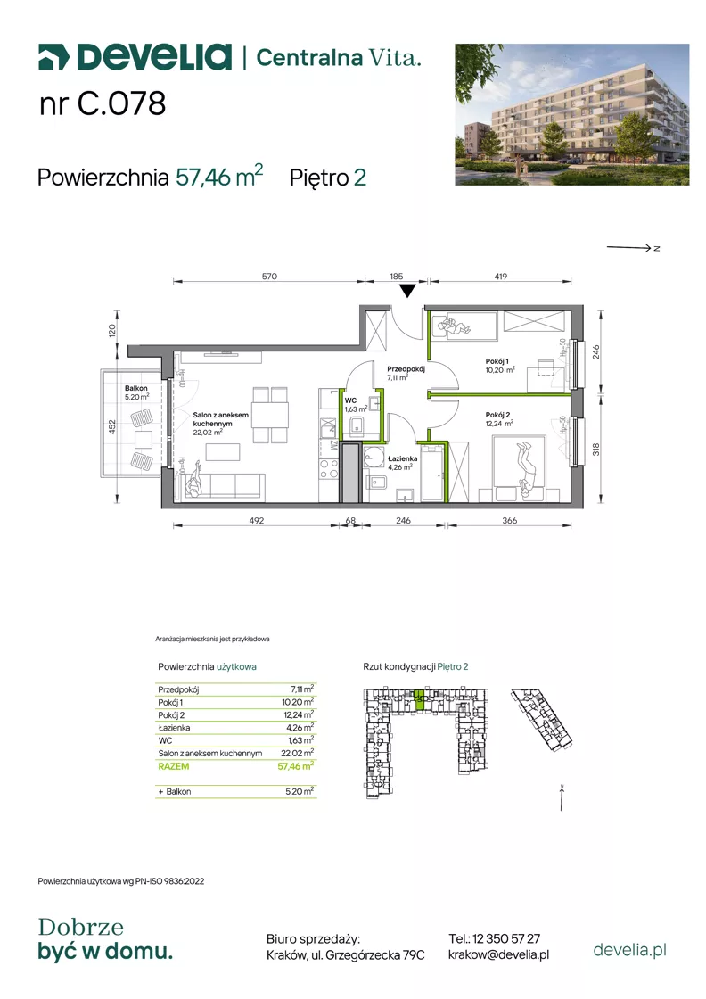 3 pokoje, mieszkanie 57,46 m², piętro 2, oferta nr C.078, Centralna Vita etap IV, Kraków, Czyżyny, ul. Ciesielskiego