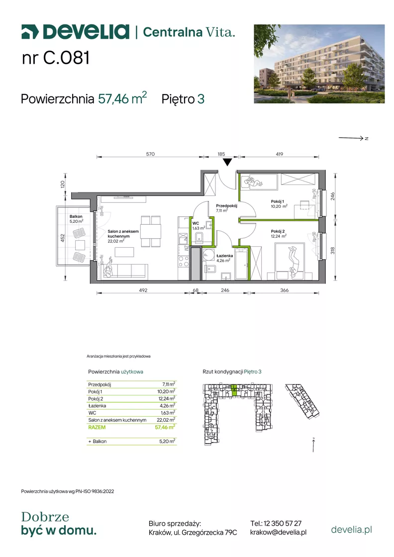3 pokoje, mieszkanie 57,46 m², piętro 3, oferta nr C.081, Centralna Vita etap IV, Kraków, Czyżyny, ul. Ciesielskiego