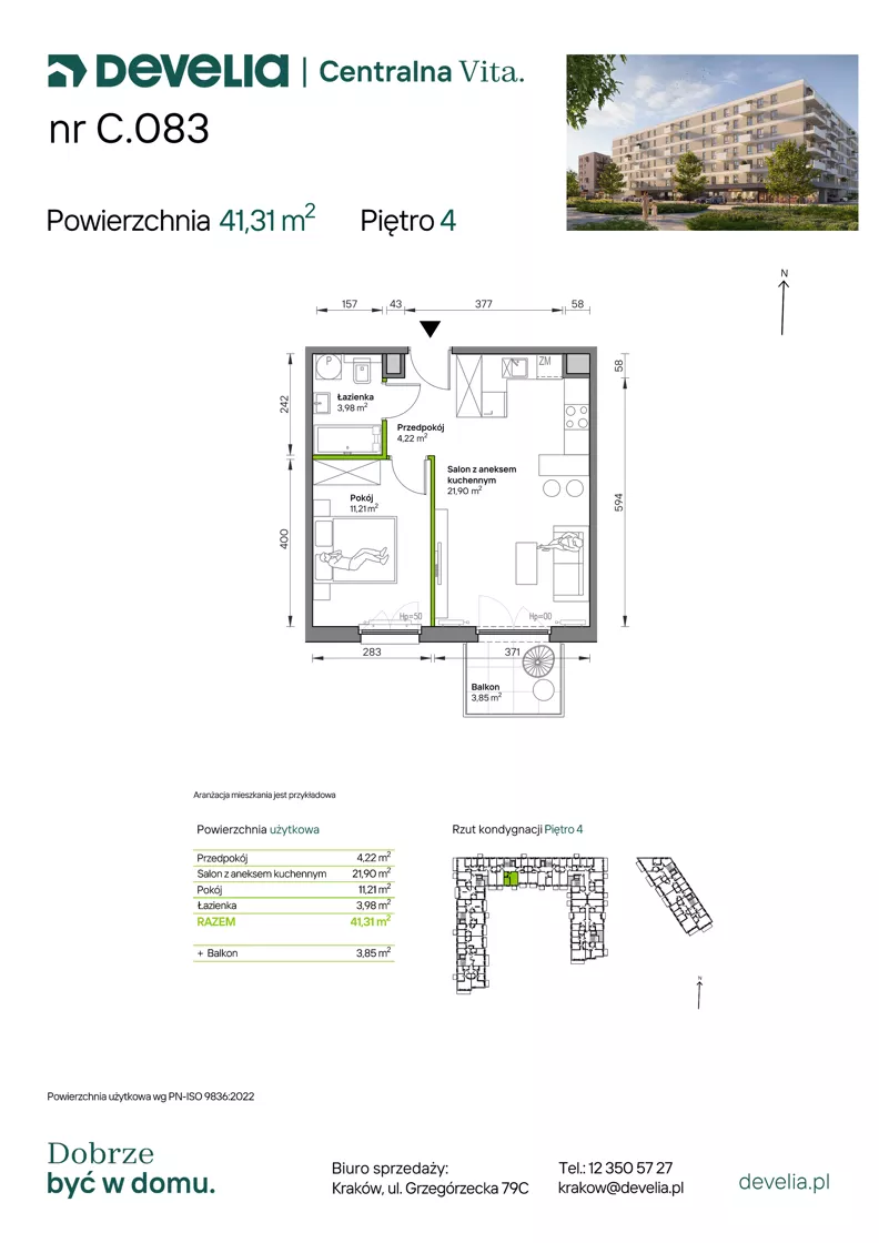 2 pokoje, mieszkanie 41,31 m², piętro 4, oferta nr C.083, Centralna Vita etap IV, Kraków, Czyżyny, ul. Ciesielskiego