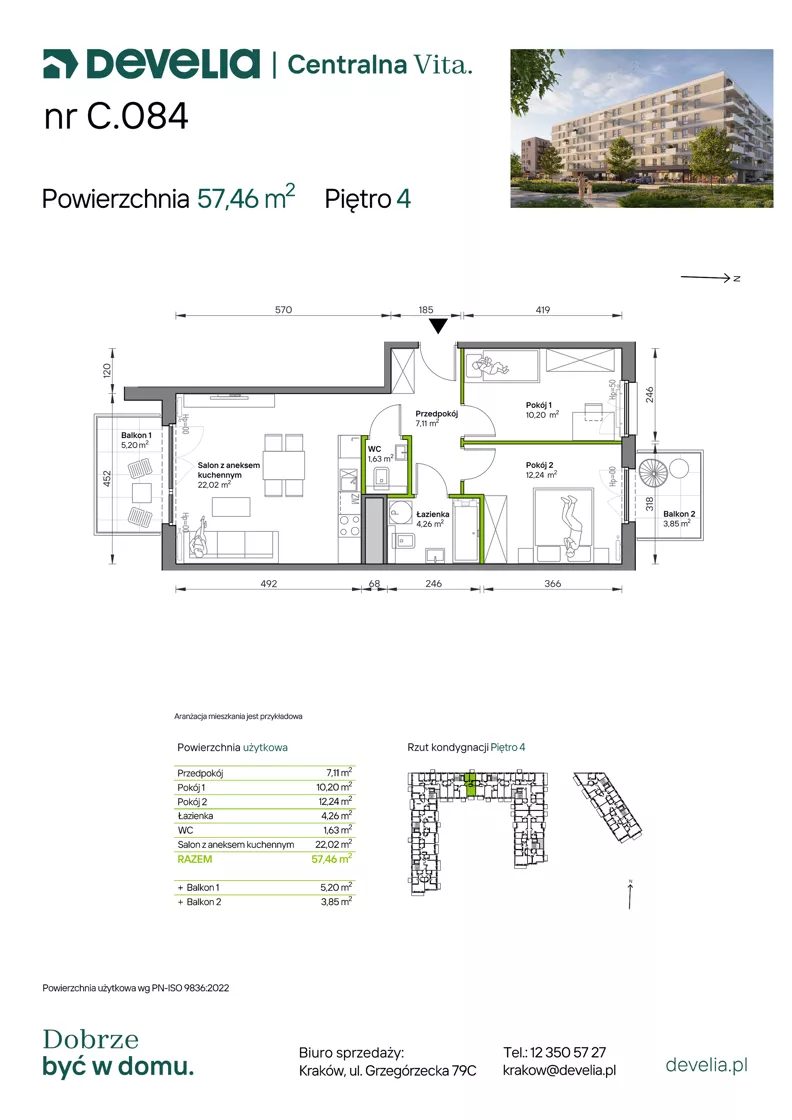 3 pokoje, mieszkanie 57,46 m², piętro 4, oferta nr C.084, Centralna Vita etap IV, Kraków, Czyżyny, ul. Ciesielskiego