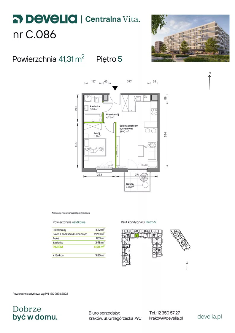 2 pokoje, mieszkanie 41,31 m², piętro 5, oferta nr C.086, Centralna Vita etap IV, Kraków, Czyżyny, ul. Ciesielskiego