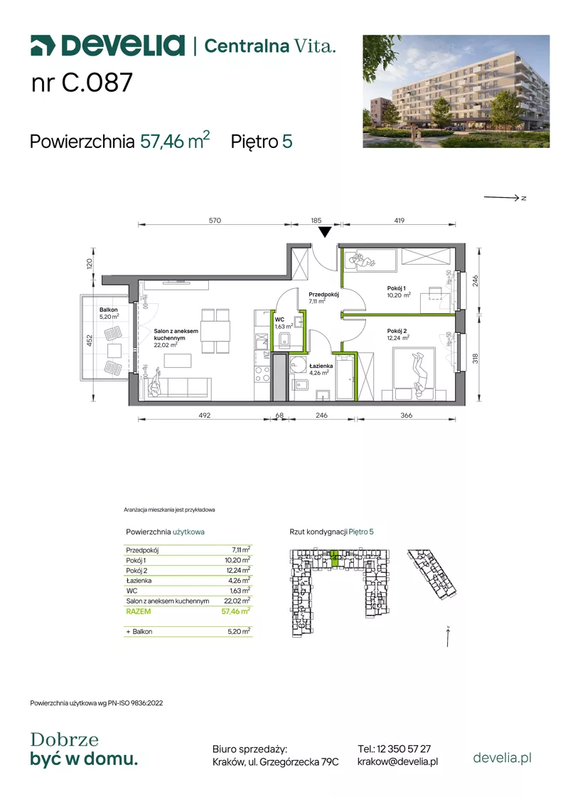 3 pokoje, mieszkanie 57,46 m², piętro 5, oferta nr C.087, Centralna Vita etap IV, Kraków, Czyżyny, ul. Ciesielskiego