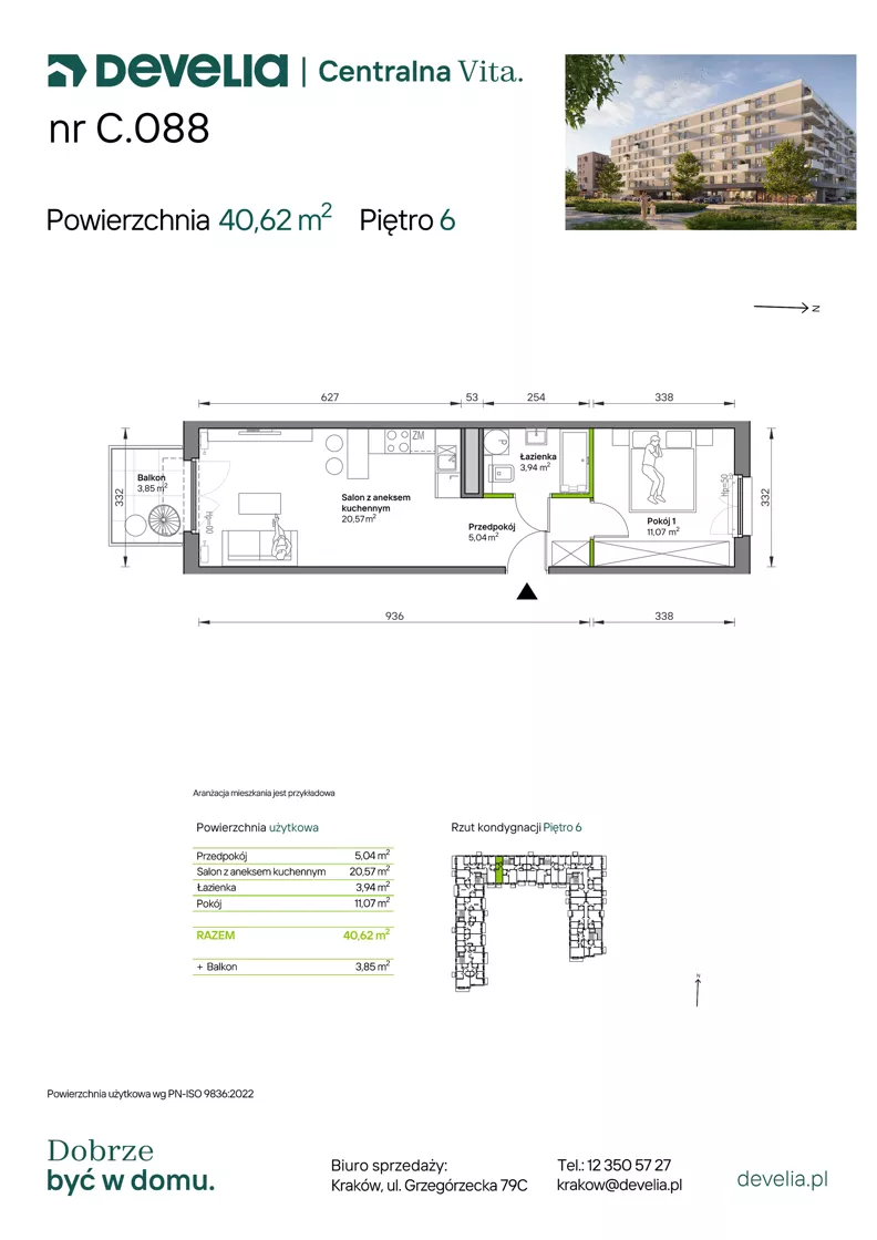 2 pokoje, mieszkanie 40,62 m², piętro 6, oferta nr C.088, Centralna Vita etap IV, Kraków, Czyżyny, ul. Ciesielskiego