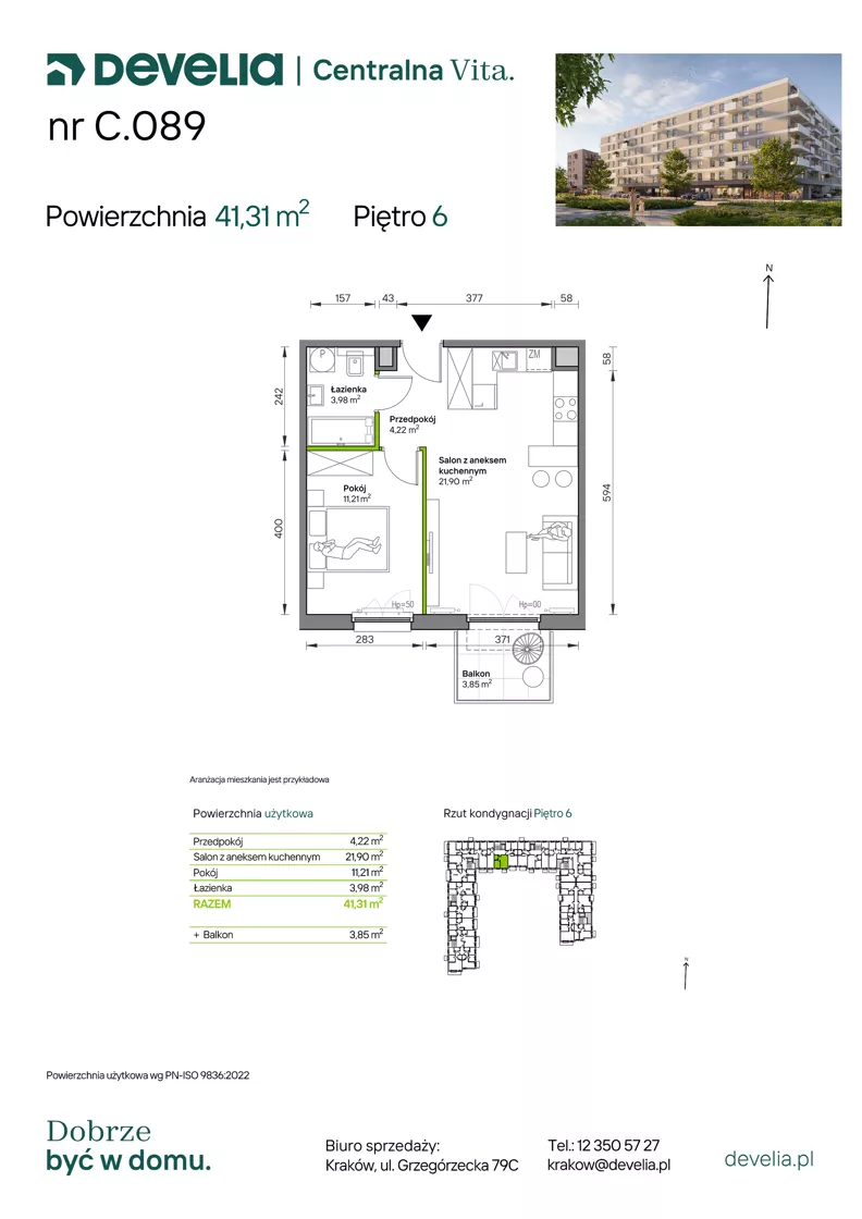 2 pokoje, mieszkanie 41,31 m², piętro 6, oferta nr C.089, Centralna Vita etap IV, Kraków, Czyżyny, ul. Ciesielskiego