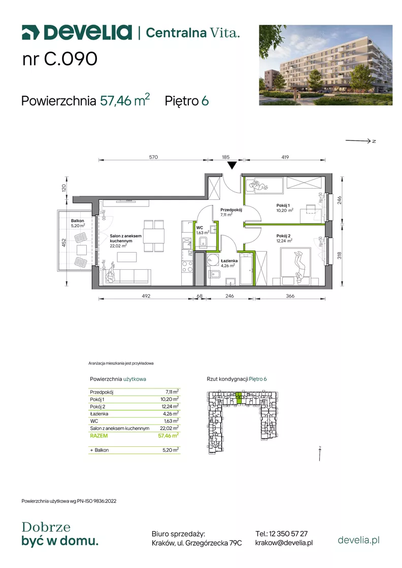 3 pokoje, mieszkanie 57,46 m², piętro 6, oferta nr C.090, Centralna Vita etap IV, Kraków, Czyżyny, ul. Ciesielskiego