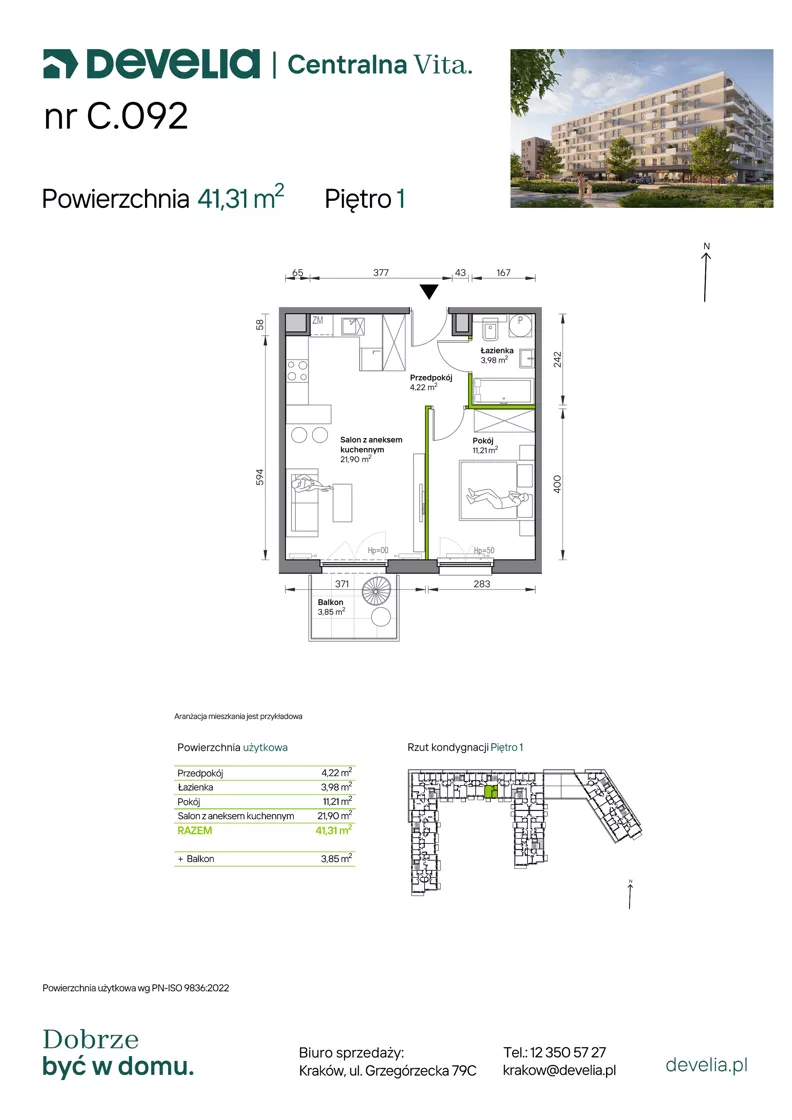 2 pokoje, mieszkanie 41,31 m², piętro 1, oferta nr C.092, Centralna Vita etap IV, Kraków, Czyżyny, ul. Ciesielskiego