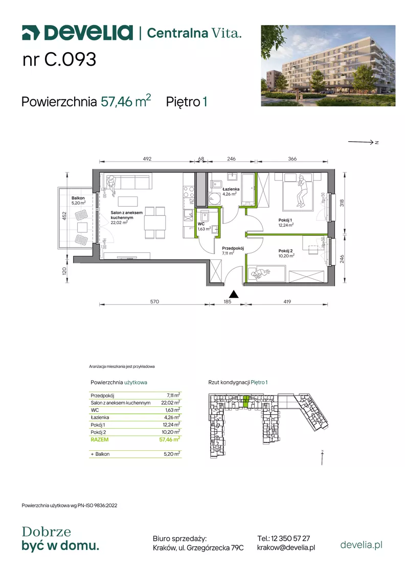 3 pokoje, mieszkanie 57,46 m², piętro 1, oferta nr C.093, Centralna Vita etap IV, Kraków, Czyżyny, ul. Ciesielskiego