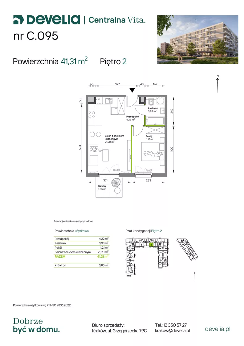 2 pokoje, mieszkanie 41,31 m², piętro 2, oferta nr C.095, Centralna Vita etap IV, Kraków, Czyżyny, ul. Ciesielskiego