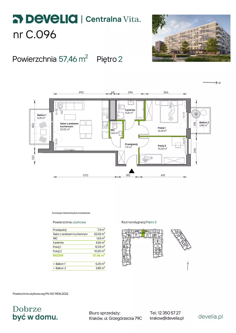 3 pokoje, mieszkanie 57,46 m², piętro 2, oferta nr C.096, Centralna Vita etap IV, Kraków, Czyżyny, ul. Ciesielskiego