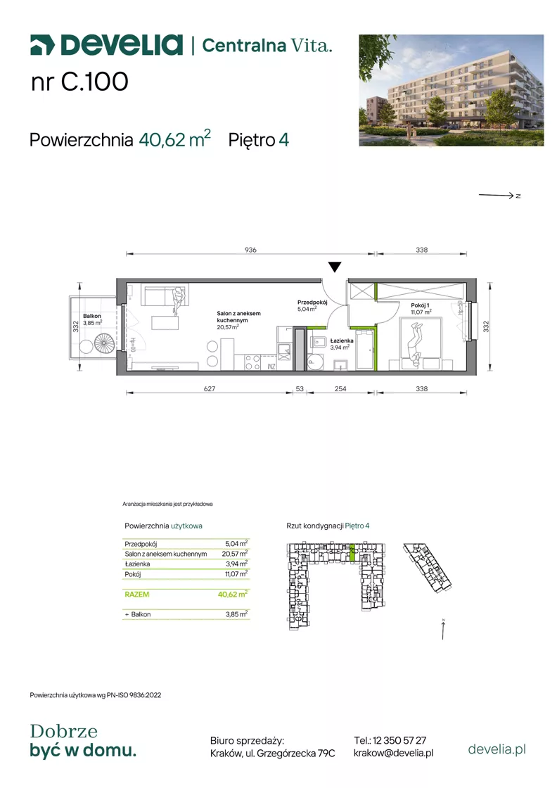 2 pokoje, mieszkanie 40,62 m², piętro 4, oferta nr C.100, Centralna Vita etap IV, Kraków, Czyżyny, ul. Ciesielskiego