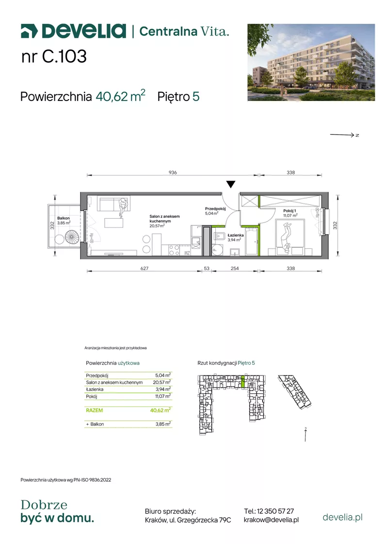 2 pokoje, mieszkanie 40,62 m², piętro 5, oferta nr C.103, Centralna Vita etap IV, Kraków, Czyżyny, ul. Ciesielskiego