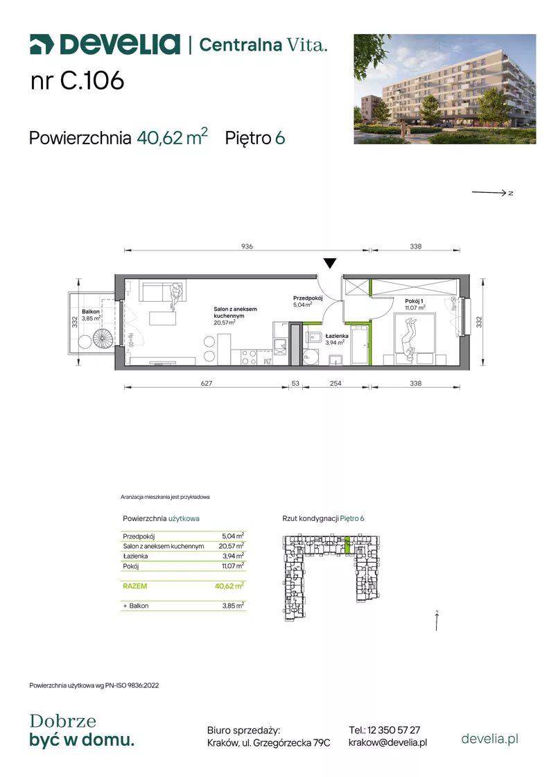 2 pokoje, mieszkanie 40,62 m², piętro 6, oferta nr C.106, Centralna Vita etap IV, Kraków, Czyżyny, ul. Ciesielskiego