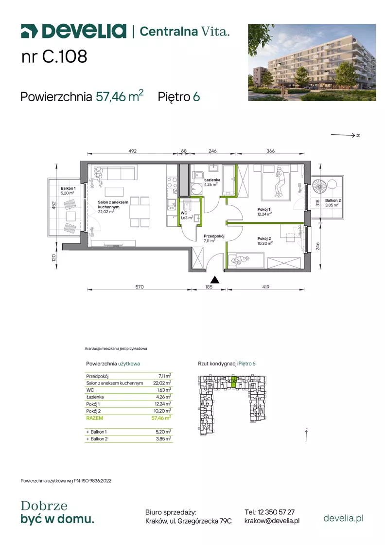 3 pokoje, mieszkanie 57,46 m², piętro 6, oferta nr C.108, Centralna Vita etap IV, Kraków, Czyżyny, ul. Ciesielskiego