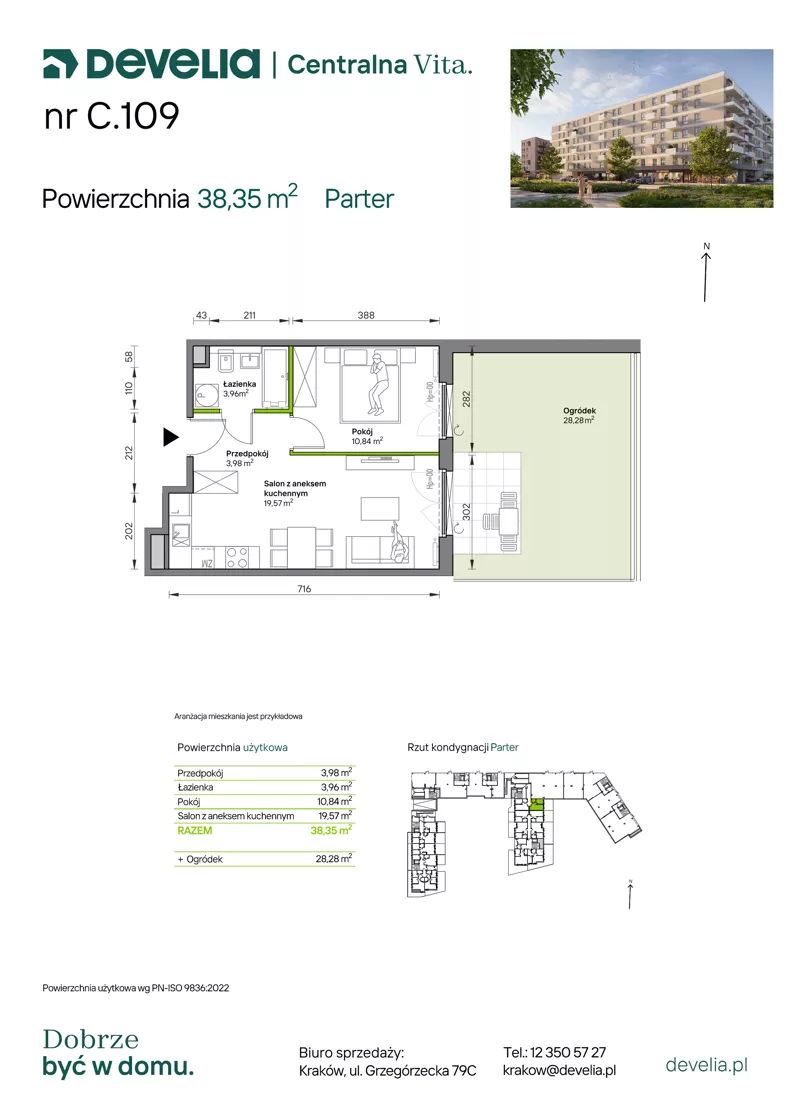2 pokoje, mieszkanie 38,35 m², parter, oferta nr C.109, Centralna Vita etap IV, Kraków, Czyżyny, ul. Ciesielskiego