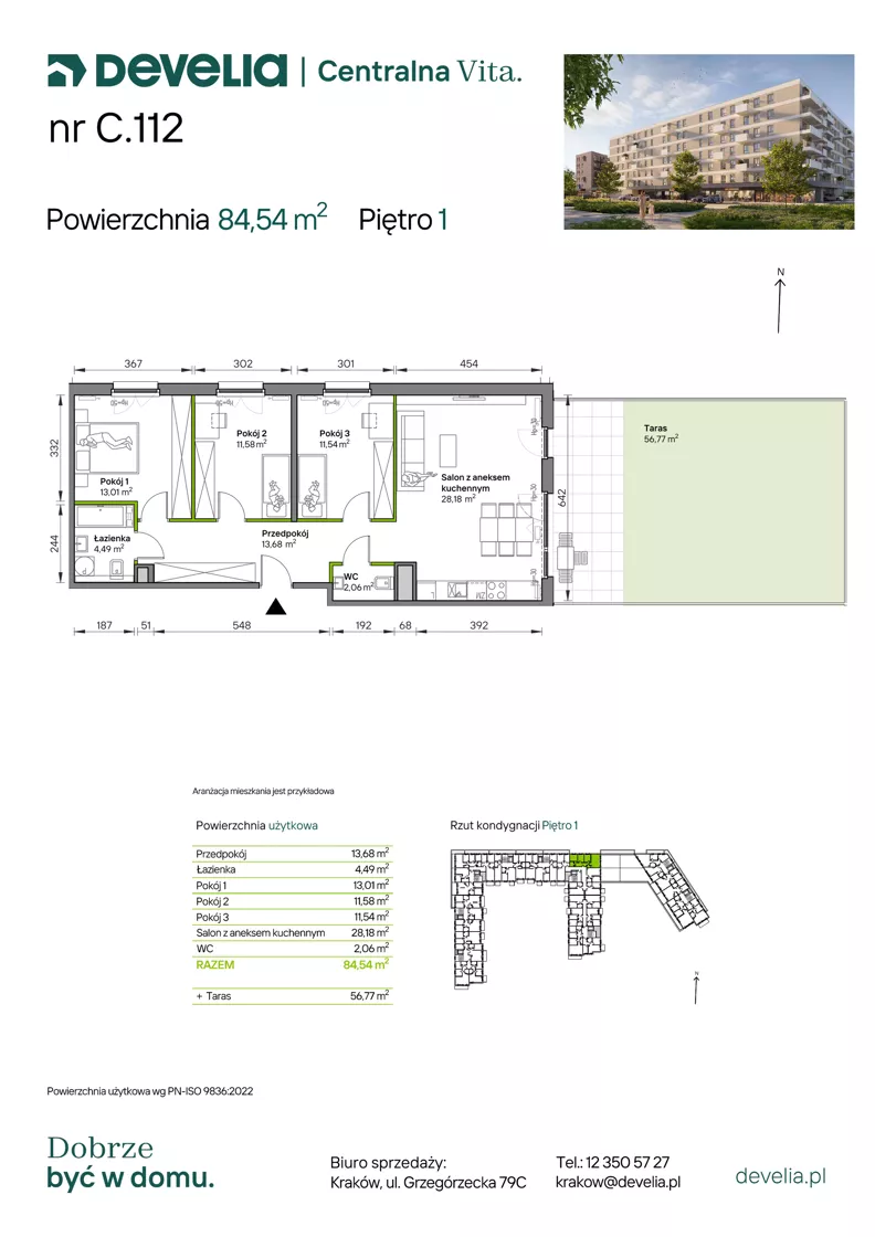 4 pokoje, mieszkanie 85,54 m², piętro 1, oferta nr C.112, Centralna Vita etap IV, Kraków, Czyżyny, ul. Ciesielskiego