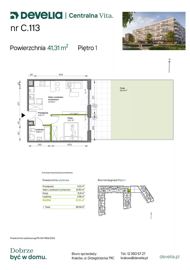 2 pokoje, mieszkanie 41,34 m², piętro 1, oferta nr C.113, Centralna Vita etap IV, Kraków, Czyżyny, ul. Ciesielskiego