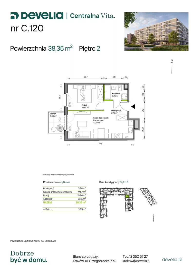 2 pokoje, mieszkanie 38,35 m², piętro 2, oferta nr C.120, Centralna Vita etap IV, Kraków, Czyżyny, ul. Ciesielskiego