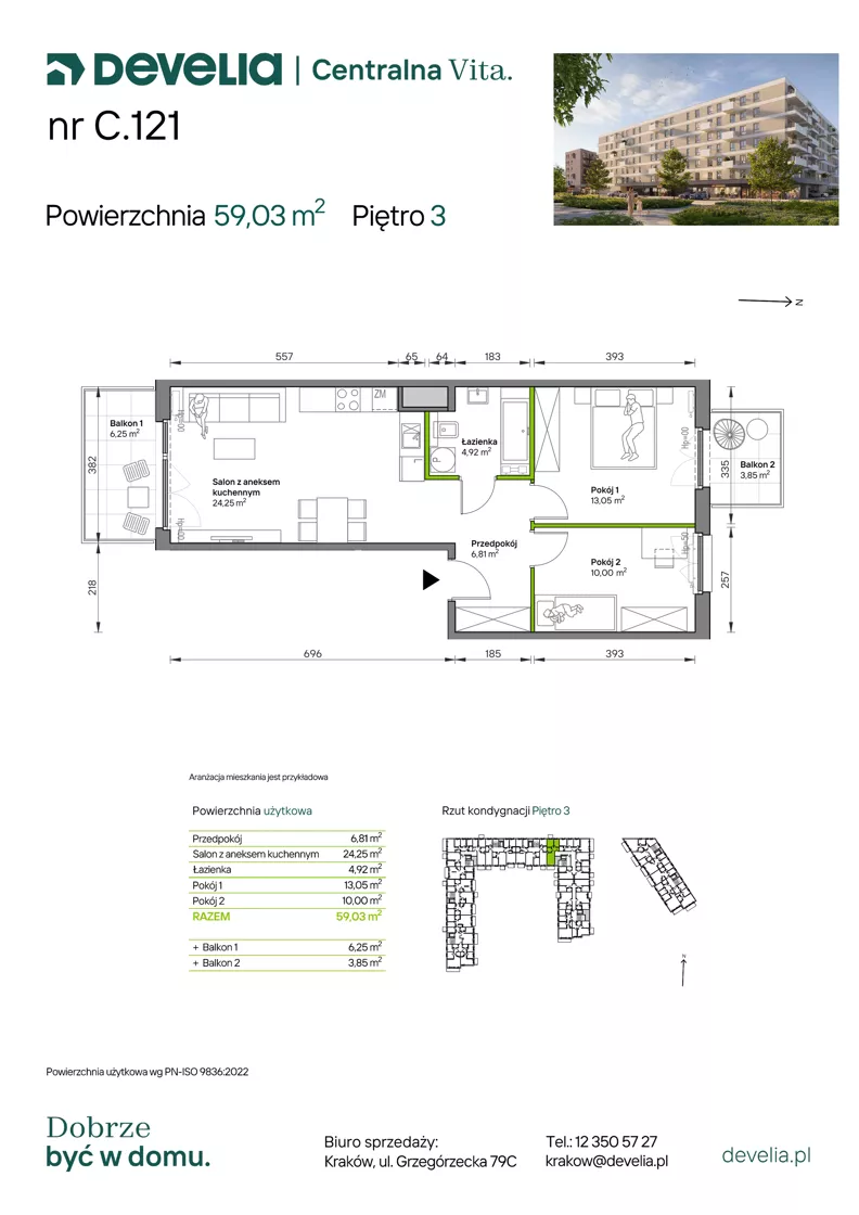 3 pokoje, mieszkanie 59,03 m², piętro 3, oferta nr C.121, Centralna Vita etap IV, Kraków, Czyżyny, ul. Ciesielskiego