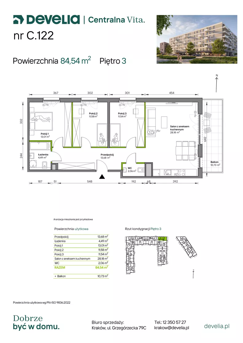 4 pokoje, mieszkanie 84,54 m², piętro 3, oferta nr C.122, Centralna Vita etap IV, Kraków, Czyżyny, ul. Ciesielskiego