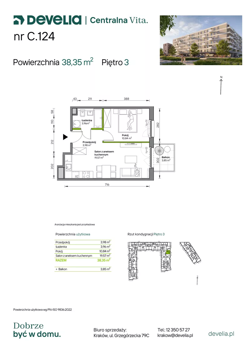 2 pokoje, mieszkanie 38,35 m², piętro 3, oferta nr C.124, Centralna Vita etap IV, Kraków, Czyżyny, ul. Ciesielskiego