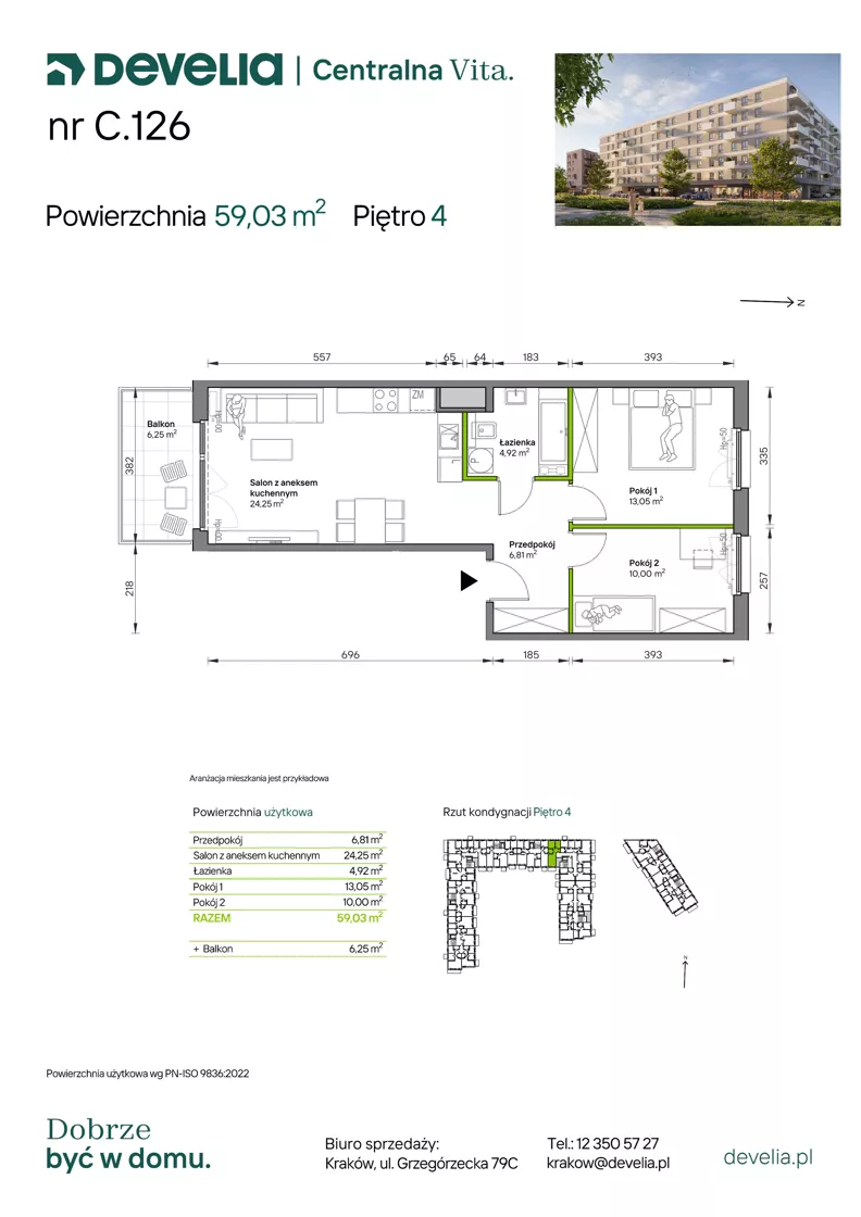 3 pokoje, mieszkanie 59,03 m², piętro 4, oferta nr C.126, Centralna Vita etap IV, Kraków, Czyżyny, ul. Ciesielskiego