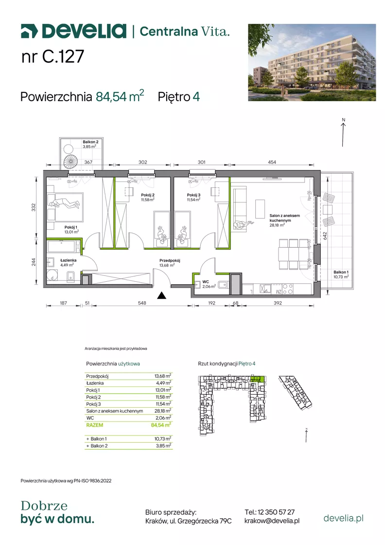 4 pokoje, mieszkanie 84,85 m², piętro 4, oferta nr C.127, Centralna Vita etap IV, Kraków, Czyżyny, ul. Ciesielskiego