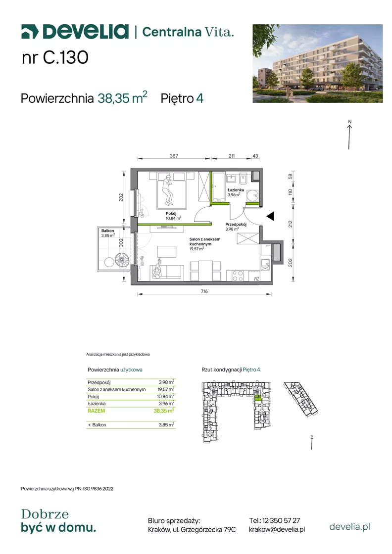 2 pokoje, mieszkanie 38,35 m², piętro 4, oferta nr C.130, Centralna Vita etap IV, Kraków, Czyżyny, ul. Ciesielskiego
