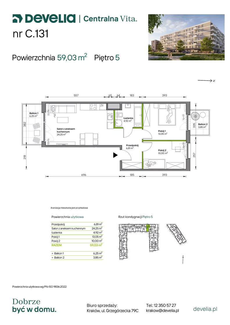 3 pokoje, mieszkanie 59,03 m², piętro 5, oferta nr C.131, Centralna Vita etap IV, Kraków, Czyżyny, ul. Ciesielskiego