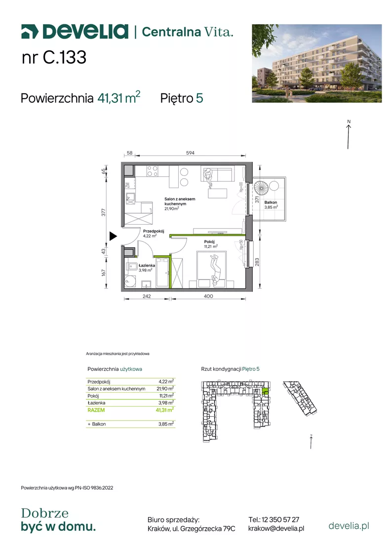 2 pokoje, mieszkanie 41,31 m², piętro 5, oferta nr C.133, Centralna Vita etap IV, Kraków, Czyżyny, ul. Ciesielskiego