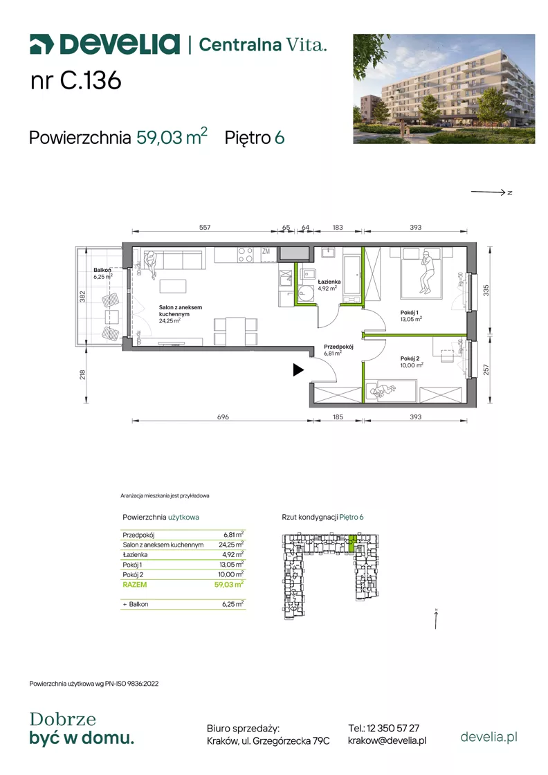 3 pokoje, mieszkanie 59,03 m², piętro 6, oferta nr C.136, Centralna Vita etap IV, Kraków, Czyżyny, ul. Ciesielskiego