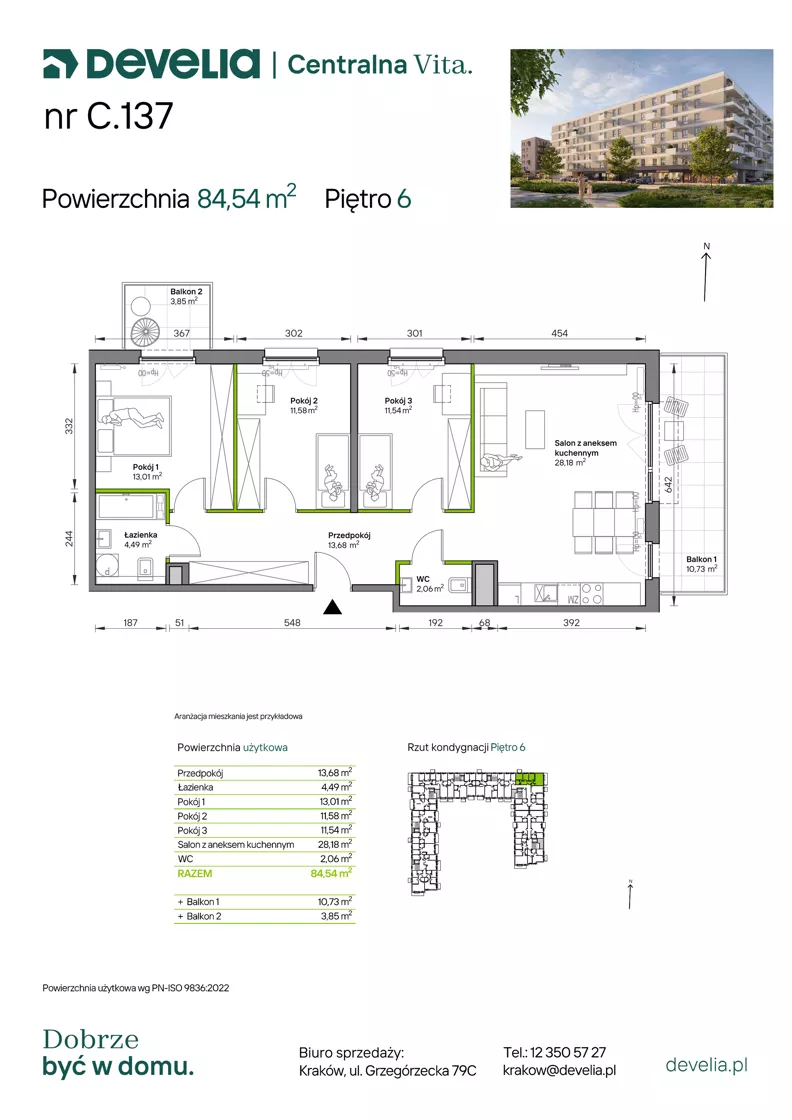 4 pokoje, mieszkanie 84,54 m², piętro 6, oferta nr C.137, Centralna Vita etap IV, Kraków, Czyżyny, ul. Ciesielskiego