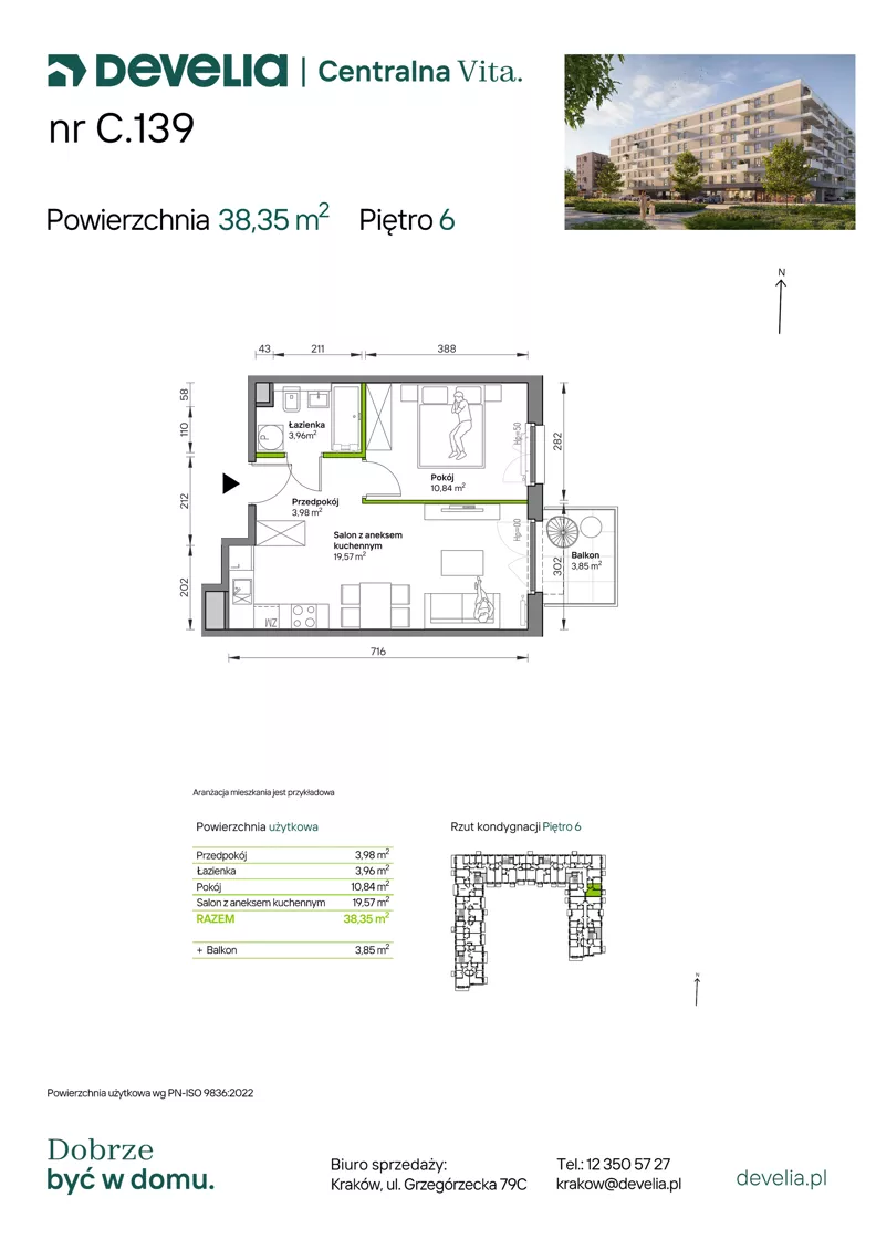 2 pokoje, mieszkanie 38,35 m², piętro 6, oferta nr C.139, Centralna Vita etap IV, Kraków, Czyżyny, ul. Ciesielskiego