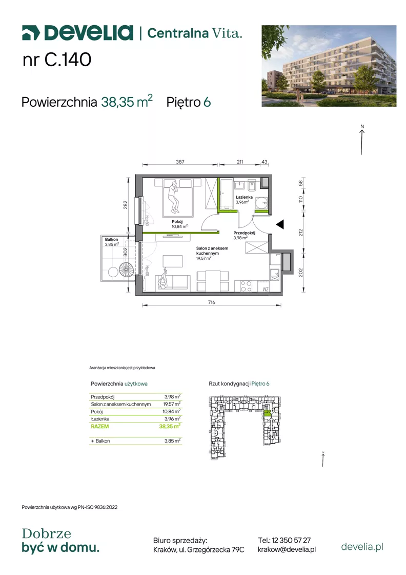 2 pokoje, mieszkanie 38,35 m², piętro 6, oferta nr C.140, Centralna Vita etap IV, Kraków, Czyżyny, ul. Ciesielskiego