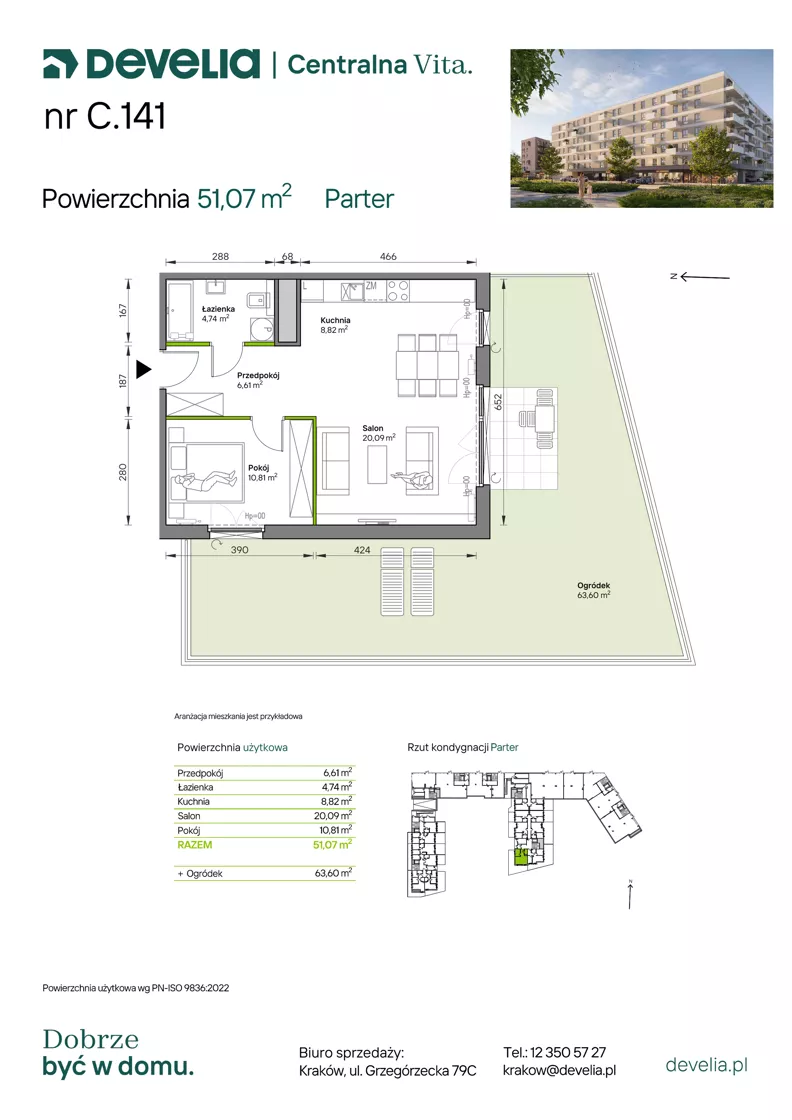 2 pokoje, mieszkanie 51,07 m², parter, oferta nr C.141, Centralna Vita etap IV, Kraków, Czyżyny, ul. Ciesielskiego