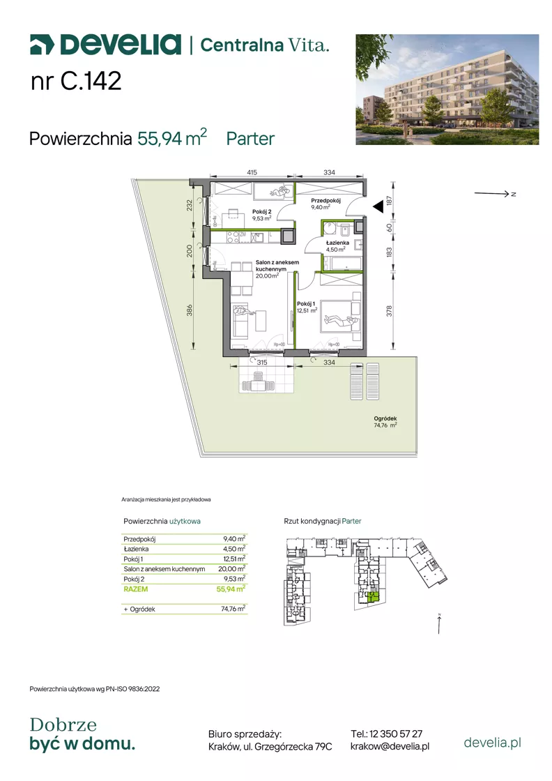 3 pokoje, mieszkanie 55,94 m², parter, oferta nr C.142, Centralna Vita etap IV, Kraków, Czyżyny, ul. Ciesielskiego