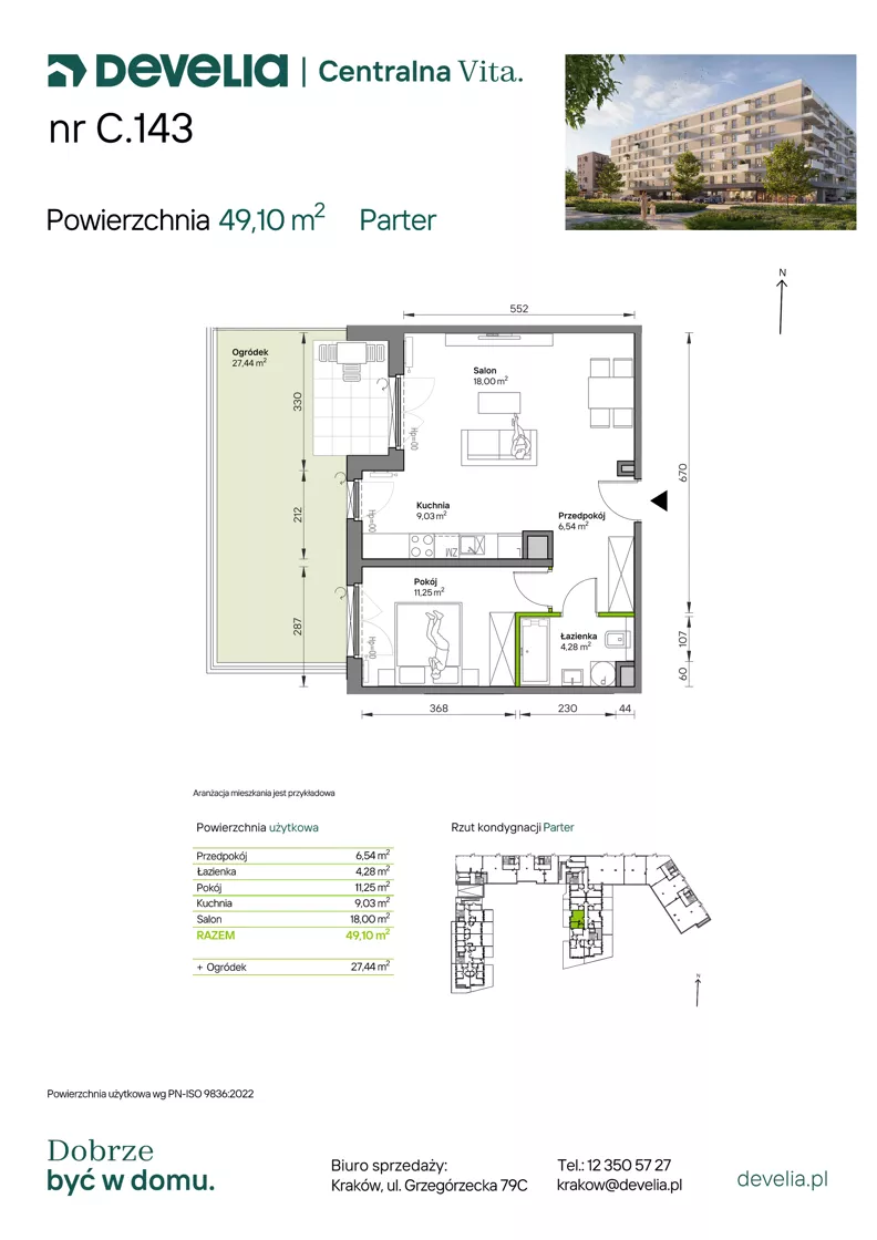 2 pokoje, mieszkanie 49,10 m², parter, oferta nr C.143, Centralna Vita etap IV, Kraków, Czyżyny, ul. Ciesielskiego