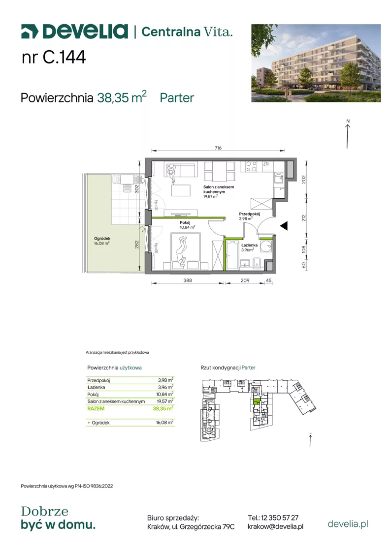2 pokoje, mieszkanie 38,35 m², parter, oferta nr C.144, Centralna Vita etap IV, Kraków, Czyżyny, ul. Ciesielskiego