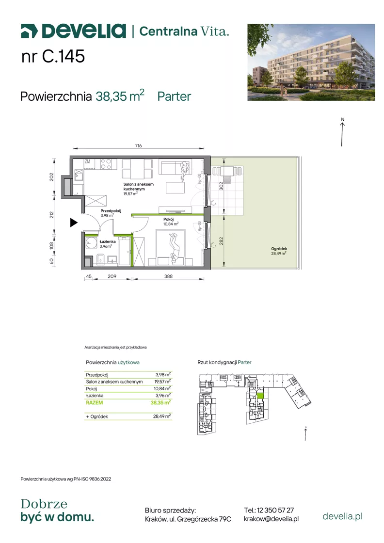 2 pokoje, mieszkanie 38,35 m², parter, oferta nr C.145, Centralna Vita etap IV, Kraków, Czyżyny, ul. Ciesielskiego