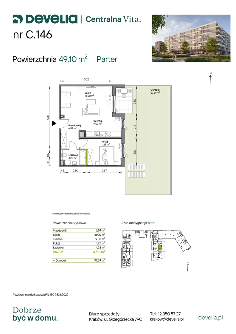 2 pokoje, mieszkanie 49,10 m², parter, oferta nr C.146, Centralna Vita etap IV, Kraków, Czyżyny, ul. Ciesielskiego