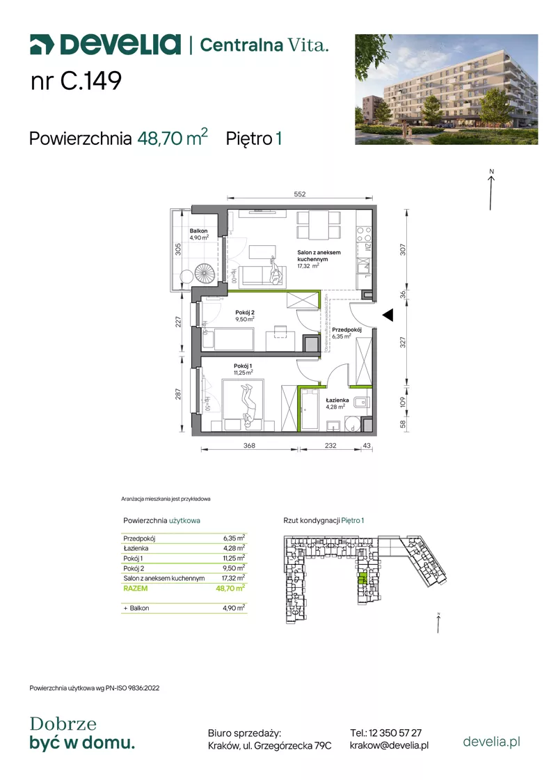 3 pokoje, mieszkanie 48,70 m², piętro 1, oferta nr C.149, Centralna Vita etap IV, Kraków, Czyżyny, ul. Ciesielskiego