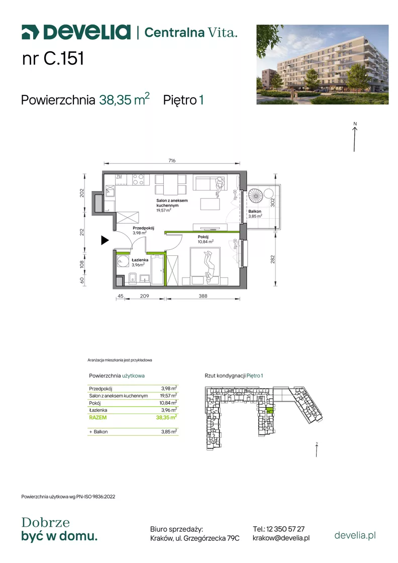 2 pokoje, mieszkanie 38,35 m², piętro 1, oferta nr C.151, Centralna Vita etap IV, Kraków, Czyżyny, ul. Ciesielskiego
