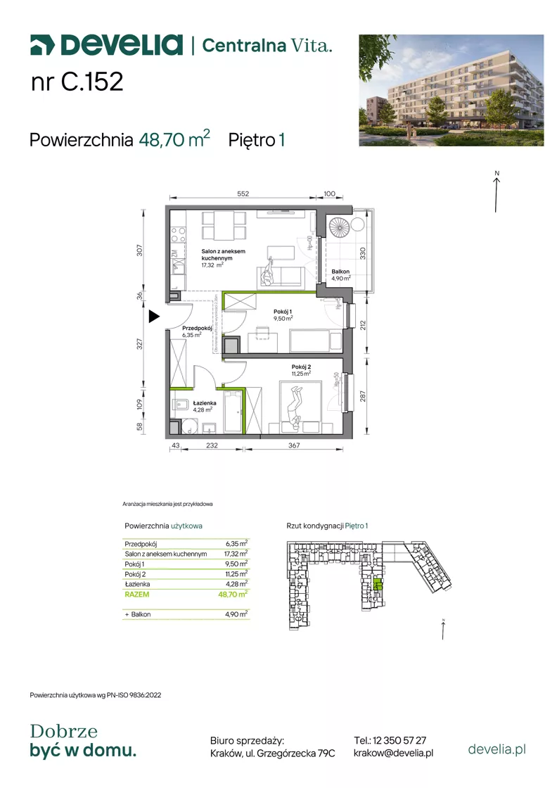 3 pokoje, mieszkanie 48,70 m², piętro 1, oferta nr C.152, Centralna Vita etap IV, Kraków, Czyżyny, ul. Ciesielskiego