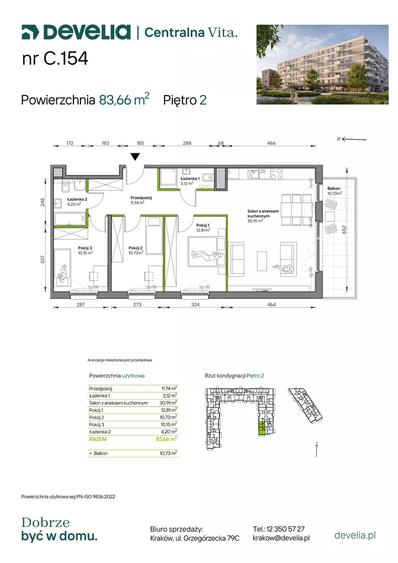 4 pokoje, mieszkanie 83,66 m², piętro 2, oferta nr C.154, Centralna Vita etap IV, Kraków, Czyżyny, ul. Ciesielskiego