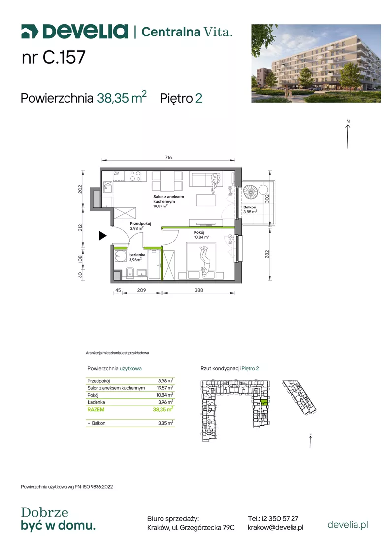 2 pokoje, mieszkanie 38,35 m², piętro 2, oferta nr C.157, Centralna Vita etap IV, Kraków, Czyżyny, ul. Ciesielskiego