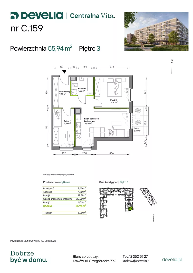 3 pokoje, mieszkanie 55,94 m², piętro 3, oferta nr C.159, Centralna Vita etap IV, Kraków, Czyżyny, ul. Ciesielskiego