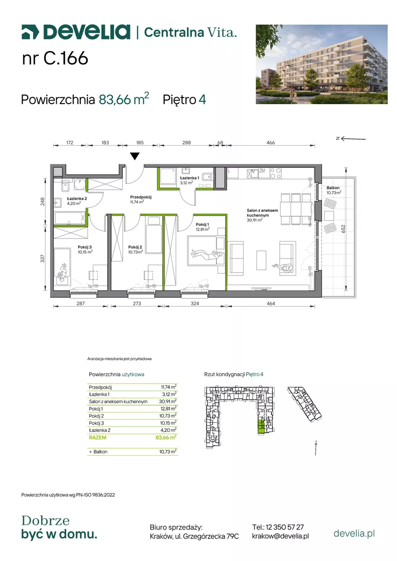 4 pokoje, mieszkanie 83,66 m², piętro 4, oferta nr C.166, Centralna Vita etap IV, Kraków, Czyżyny, ul. Ciesielskiego