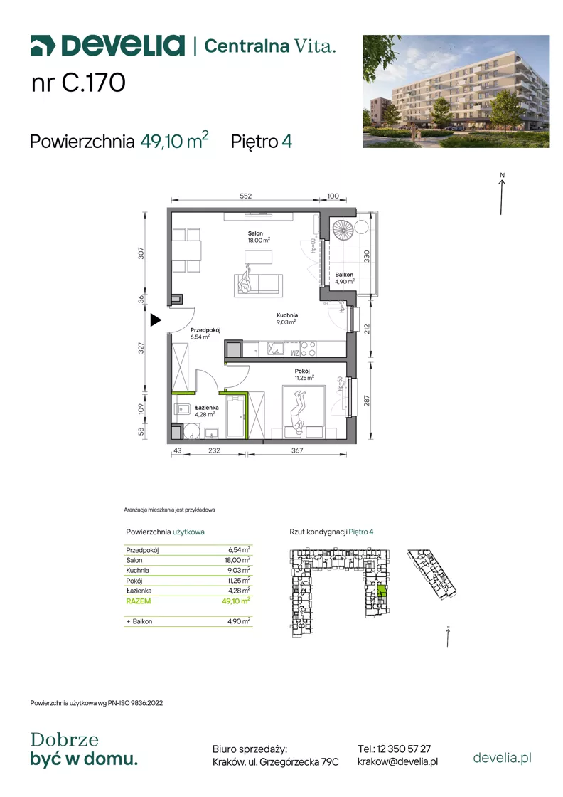 2 pokoje, mieszkanie 49,10 m², piętro 4, oferta nr C.170, Centralna Vita etap IV, Kraków, Czyżyny, ul. Ciesielskiego